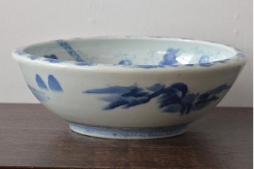 幕末〜明治　楼閣　唐　獅子　牡丹図　染付深鉢(深皿、和食器)(R-046413)