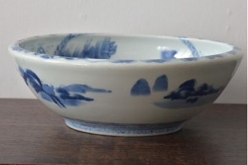 幕末〜明治　楼閣　唐　獅子　牡丹図　染付深鉢(深皿、和食器)(R-046413)