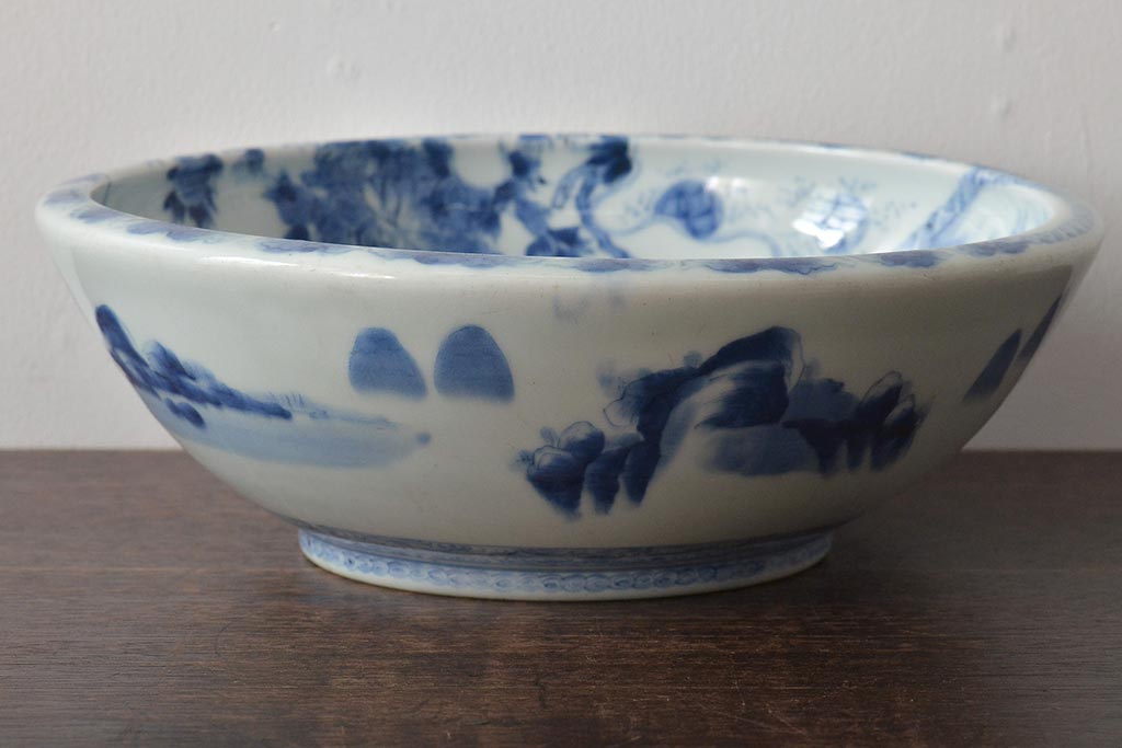 幕末〜明治　楼閣　唐　獅子　牡丹図　染付深鉢(深皿、和食器)(R-046413)