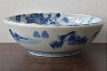 幕末〜明治　楼閣　唐　獅子　牡丹図　染付深鉢(深皿、和食器)(R-046413)