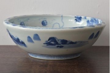 幕末〜明治　楼閣　唐　獅子　牡丹図　染付深鉢(深皿、和食器)(R-046413)