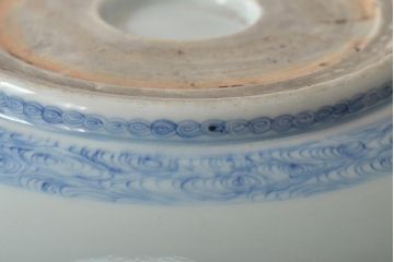 幕末〜明治　楼閣　唐　獅子　牡丹図　染付深鉢(深皿、和食器)(R-046413)