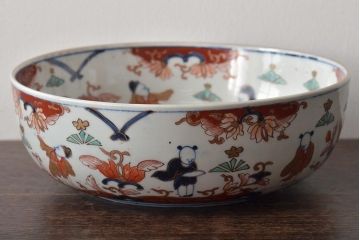 幕末〜明治　色絵　花唐子図　染付　深皿(深鉢、和食器)古伊万里(R-046414)