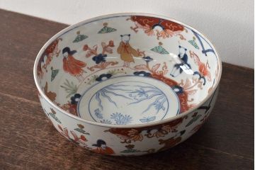 幕末〜明治　色絵　花唐子図　染付　深皿(深鉢、和食器)古伊万里(R-046414)