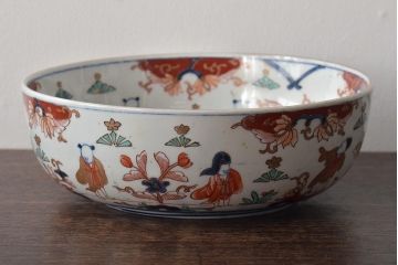 幕末〜明治　色絵　花唐子図　染付　深皿(深鉢、和食器)古伊万里(R-046414)