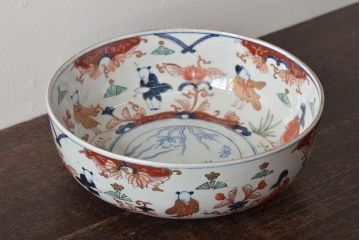 幕末〜明治　色絵　花唐子図　染付　深皿(深鉢、和食器)古伊万里(R-046414)
