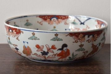 幕末〜明治　色絵　花唐子図　染付　深皿(深鉢、和食器)古伊万里(R-046414)