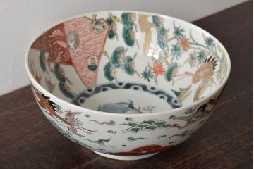 江戸期　古伊万里　色絵　松竹梅・鶴　深鉢(深皿、和食器)(R-046415)
