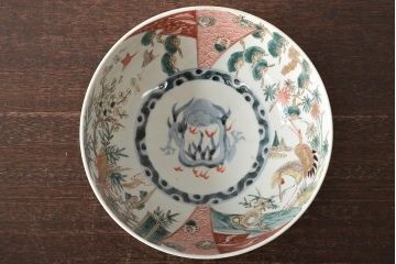 江戸期　古伊万里　色絵　松竹梅・鶴　深鉢(深皿、和食器)(R-046415)