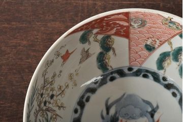 江戸期　古伊万里　色絵　松竹梅・鶴　深鉢(深皿、和食器)(R-046415)
