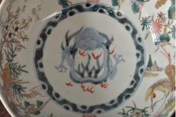江戸期　古伊万里　色絵　松竹梅・鶴　深鉢(深皿、和食器)(R-046415)
