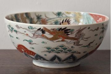 江戸期　古伊万里　色絵　松竹梅・鶴　深鉢(深皿、和食器)(R-046415)