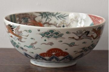江戸期　古伊万里　色絵　松竹梅・鶴　深鉢(深皿、和食器)(R-046415)