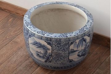 大正〜昭和初期　山水・五三桐図　染付　瀬戸火鉢(鉢カバー、傘立て)(R-046418)
