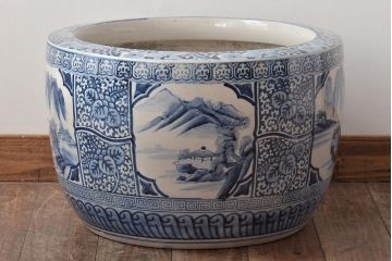 大正〜昭和初期　山水・五三桐図　染付　瀬戸火鉢(鉢カバー、傘立て)(R-046418)