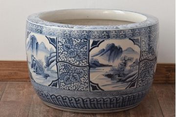 大正〜昭和初期　山水・五三桐図　染付　瀬戸火鉢(鉢カバー、傘立て)(R-046418)