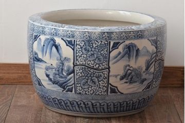 大正〜昭和初期　山水・五三桐図　染付　瀬戸火鉢(鉢カバー、傘立て)(R-046418)