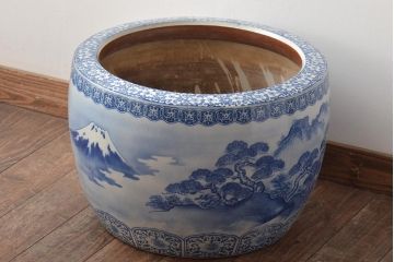 大正〜昭和初期　富士山・松・山水・桜の図　染付　瀬戸火鉢(鉢カバー、傘立て)(R-046419)