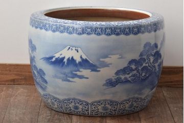 大正〜昭和初期　富士山・松・山水・桜の図　染付　瀬戸火鉢(鉢カバー、傘立て)(R-046419)