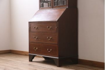 アンティーク家具　イギリス　マホガニー材　象嵌入り　上品な佇まいのライティングビューロー(ビューローブックケース、簿記机、在宅ワーク、在宅用収納棚、本箱、ワークデスク)(R-046439)