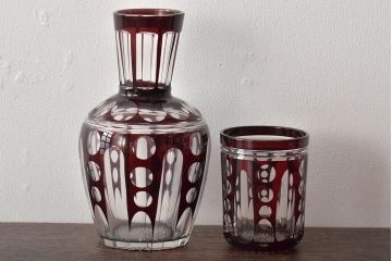 昭和初期　赤切子　水差し・コップ(被せガラス、レトロ、ピッチャー、グラス)(R-046470)