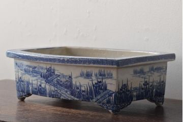 大正〜昭和初期　菖蒲文　印判　水盤(植木鉢、盆栽鉢)(R-046480)