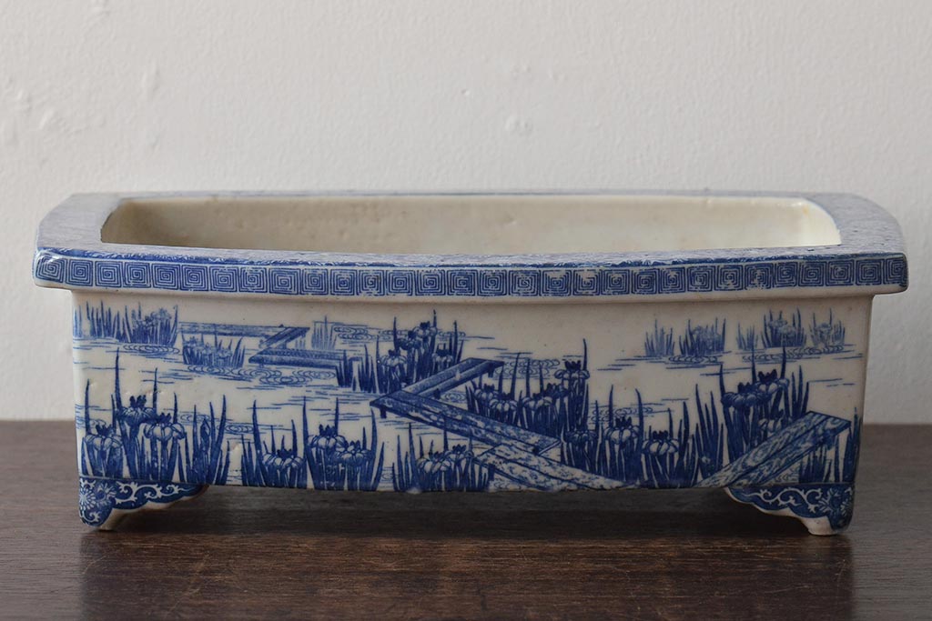 大正〜昭和初期　菖蒲文　印判　水盤(植木鉢、盆栽鉢)(R-046480)