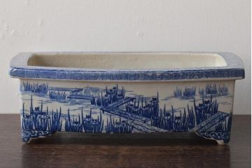 大正〜昭和初期　菖蒲文　印判　水盤(植木鉢、盆栽鉢)(R-046480)