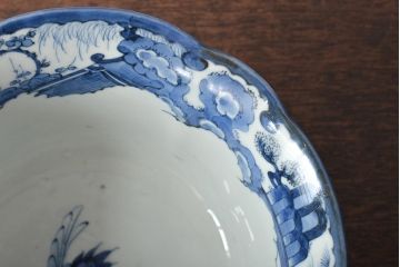 江戸期　古伊万里　鶴に梅　窓絵染付深鉢(深皿、和食器)(R-046482)