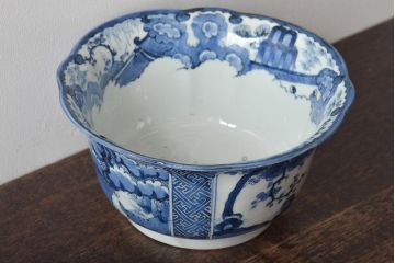 江戸期　古伊万里　鶴に梅　窓絵染付深鉢(深皿、和食器)(R-046482)
