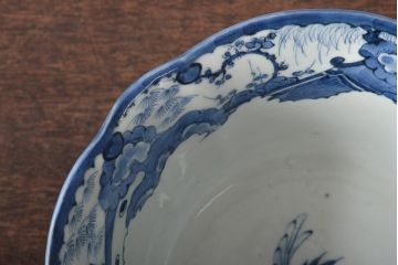 江戸期　古伊万里　鶴に梅　窓絵染付深鉢(深皿、和食器)(R-046482)