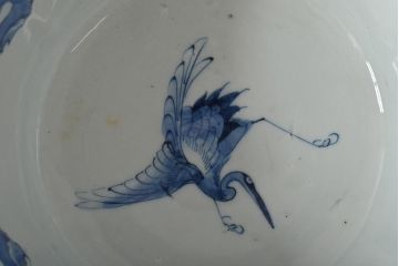 江戸期　古伊万里　鶴に梅　窓絵染付深鉢(深皿、和食器)(R-046482)