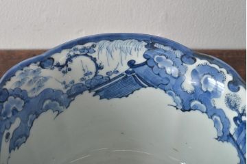 江戸期　古伊万里　鶴に梅　窓絵染付深鉢(深皿、和食器)(R-046482)