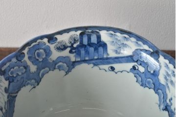江戸期　古伊万里　鶴に梅　窓絵染付深鉢(深皿、和食器)(R-046482)