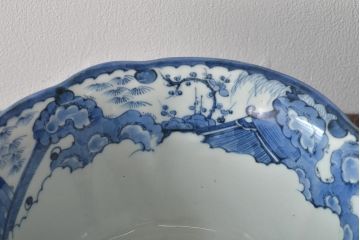 江戸期　古伊万里　鶴に梅　窓絵染付深鉢(深皿、和食器)(R-046482)