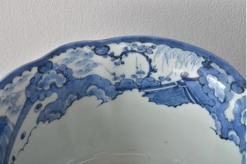 江戸期　古伊万里　鶴に梅　窓絵染付深鉢(深皿、和食器)(R-046482)