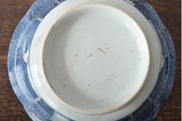 江戸期　古伊万里　鶴に梅　窓絵染付深鉢(深皿、和食器)(R-046482)