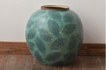 迎泰夫作　陶彩大壷　共箱(栃木県芸術祭奨励賞受賞作品、花瓶、花器)(R-046483)