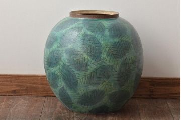 迎泰夫作　陶彩大壷　共箱(栃木県芸術祭奨励賞受賞作品、花瓶、花器)(R-046483)