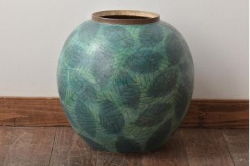迎泰夫作　陶彩大壷　共箱(栃木県芸術祭奨励賞受賞作品、花瓶、花器)(R-046483)