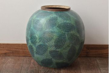 迎泰夫作　陶彩大壷　共箱(栃木県芸術祭奨励賞受賞作品、花瓶、花器)(R-046483)
