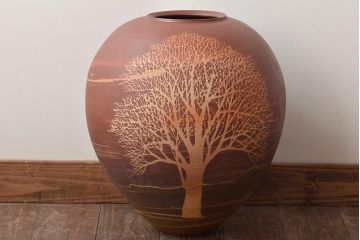 1986年　佐伯守美作　練上象嵌　樹木文壷(益子焼、花瓶、花器)(R-046484)