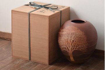 1986年　佐伯守美作　練上象嵌　樹木文壷(益子焼、花瓶、花器)(R-046484)