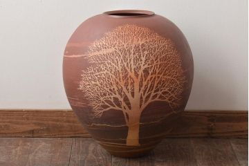 1986年　佐伯守美作　練上象嵌　樹木文壷(益子焼、花瓶、花器)(R-046484)