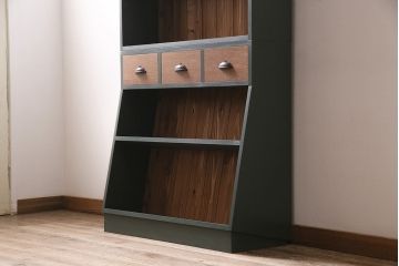 ラフジュ工房オリジナル　ペイント家具　古材使用　シックな雰囲気の薄型ブックシェルフ(収納棚、本棚、ウッドシェルフ)(R-046507)