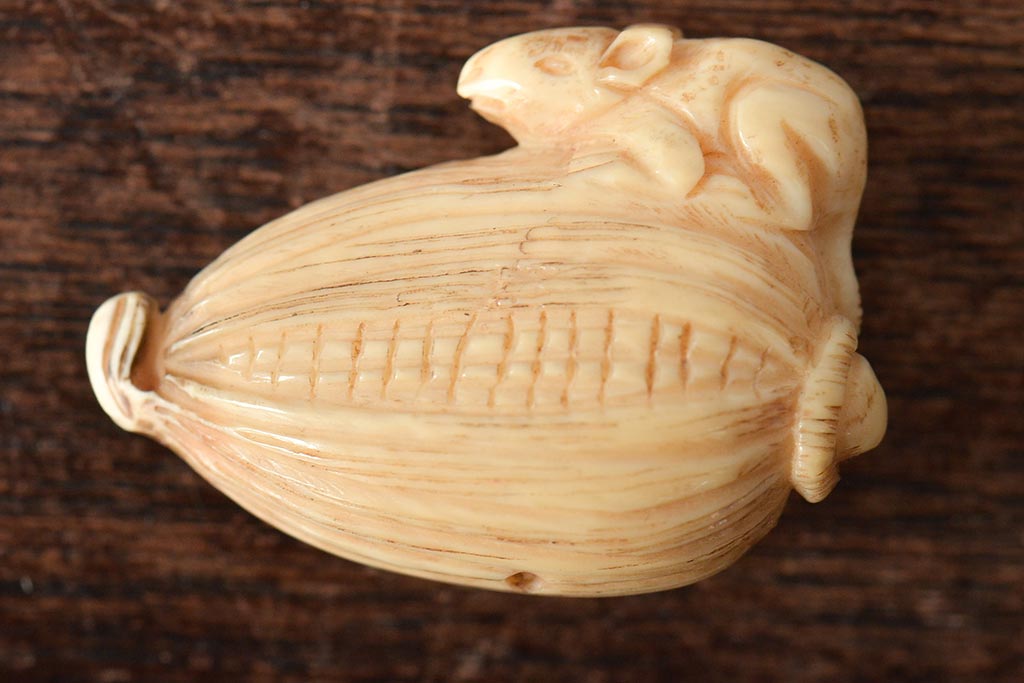 古い彫刻根付5点(玉之、鼠、壽老人、提物)(R-046520)