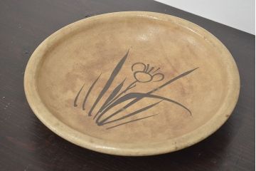 明治〜大正　益子焼　鉄絵あやめ文　石皿　古民芸(R-046585)