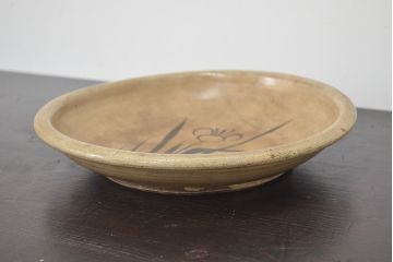 明治〜大正　益子焼　鉄絵あやめ文　石皿　古民芸(R-046585)