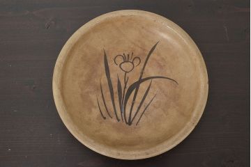 明治〜大正　益子焼　鉄絵あやめ文　石皿　古民芸(R-046585)