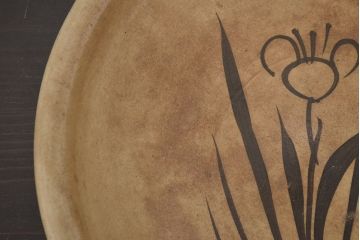 明治〜大正　益子焼　鉄絵あやめ文　石皿　古民芸(R-046585)